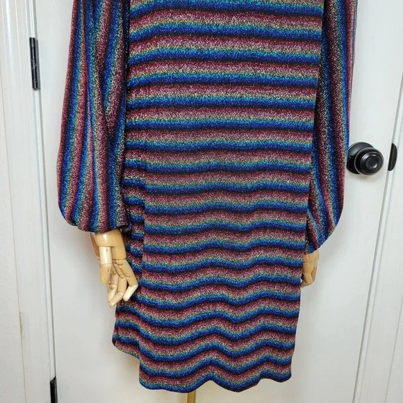 Anthropologie Eri + Ali Shimmer Stripe Long Sleeve Dress M Metallic Holiday - Picture 9 of 10
